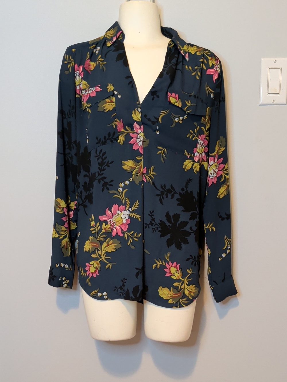 Ann Taylor Navy Floral Button-Up Blouse with Pink and Olive Accents